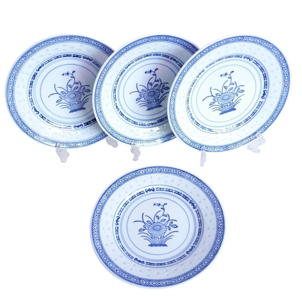 4 TIENSHAN Chrysanthemum Rice Grains Pattern Blue and White Salad Plates